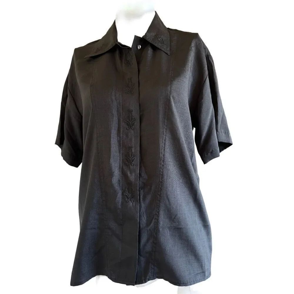 Yves St. Clair Women’s X-Large vintage 90s silky blouse black button up floral